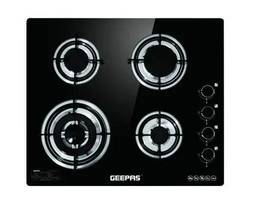 Geepas GK4410 4-Burner Gas Cooker- Size 130/100/70/50 mm Respectively - 8mm Tempered Glass Worktop, Automatic Ignition, 4 heating Zones | Stainless Steel Frame