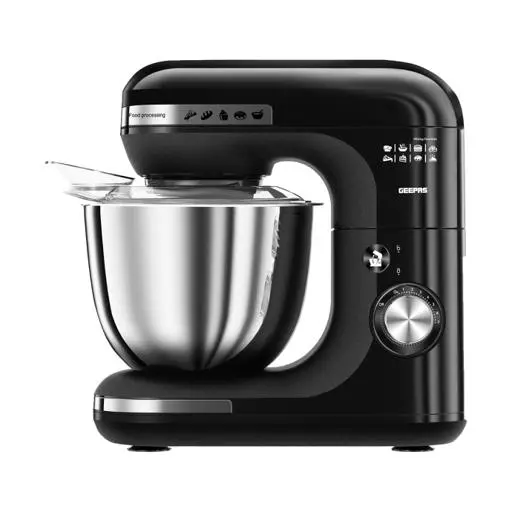 Geepas GSM43013 3 In 1 Stand 600w - 7 Level Speed, 5 Litre Stainless Steel Bowl, Splash Guard |Convenient Design with Wisk, Dough Hook & Beater | Perfect All Kitchen Use